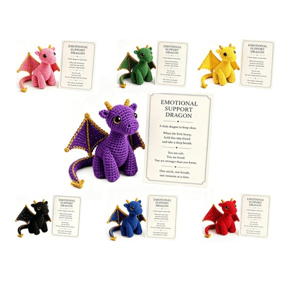 5.9 x 3.1Inch Emotional Support Dragon Pocket Buddy, Hand Sewn Crochet Dragon Plush Keepsake with Uplifting Message Card, Mental Calming Office Decor, One-of-a-Kind Whimsical Present for Collectors