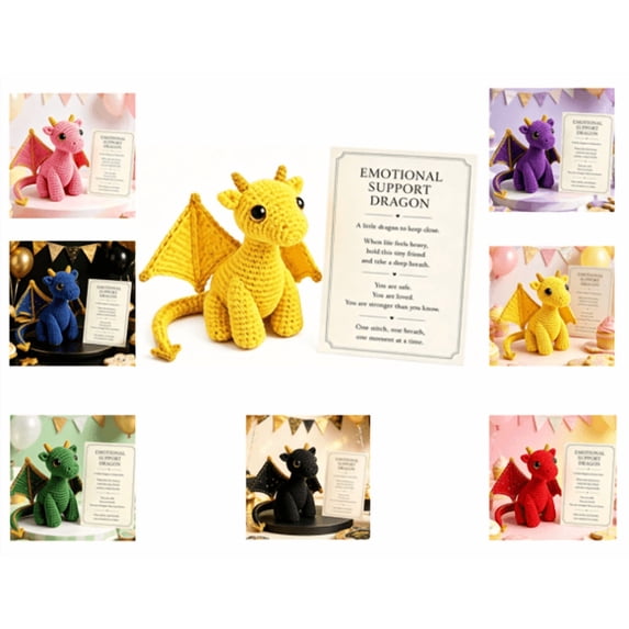 5.9 x 3.1Inch Emotional Support Dragon Pocket Buddy, Inspirational Crochet Animals Stress Relief Gifts,Handmade Knitted Wing Dragon Desk Keepsake with Motivational Cards