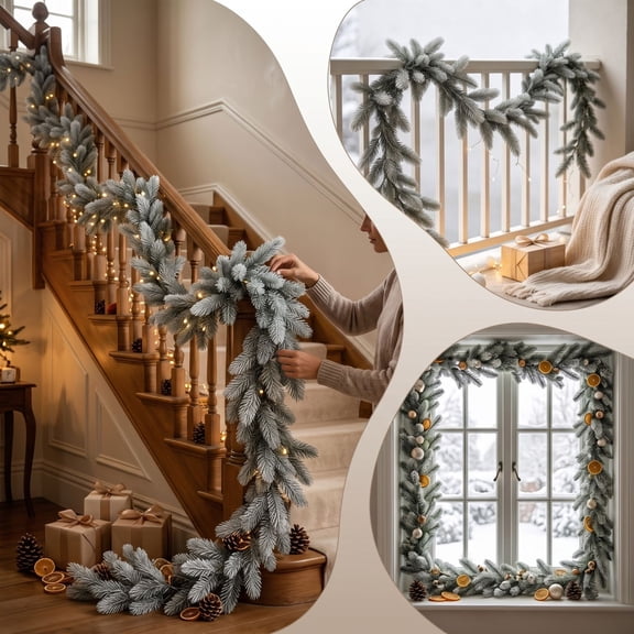 5.91 FT Artificial Frosted Norfolk Pine Christmas Garland, Bendable Snow‑Dusted Greenery Garland, Winter Holiday Decoration for Fireplace Mantel, Stair Railing, Indoor Xmas Home Decor