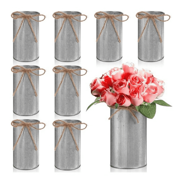 5.91 in High Farmhouse Vase Decor Galvanized Metal Flower Vase with Twine Bow Vintage Rustic Tin Flower Buckets for Artificial Floral Table Container DIY(Iron Color,8 Pcs)