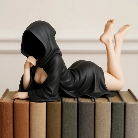 5.91 Inch Reclined Dark Academia Home Library Figurine, Mysterious Woman Book Nook Statue, Durable PLA Study Room Shelf Display Ornament (Style B, 15cm)