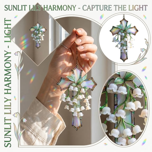 5.91" Lily of the Valley Cross Suncatcher, Acrylic Stained Glass Style Window Hanging Ornament, Rainbow Maker Light Catcher for Home Wall Decor Holiday Gift