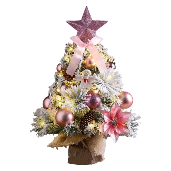 5.91" Mini Christmas Tree, Tabletop Small Flocked Tree with Lights & Ornaments, Table Top Christmas Tree with Pre-Decorated Ornaments LED Lights, Artificial Xmas Trees for Indoor Holiday Decor, Pink