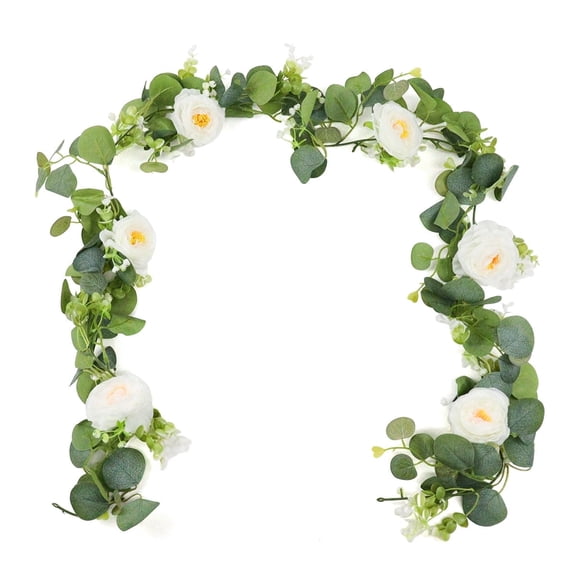 Artificial Eucalyptus Garland with White Roses - Fake Floral Greenery for Wedding,Party,Valentine's Day Decor,and Spring Home Table Decor