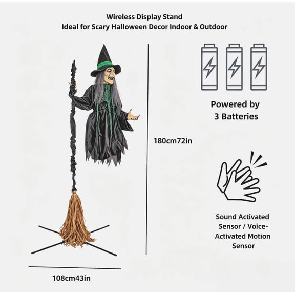 5.91ft Animated Hanging Halloween Witch Decor, Motion & Sound Activated with Glowing Creepy Face, Indoor Outdoor Yard Front Door Spooky Prank Party Prop