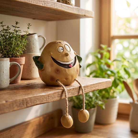 5.91in Cute Hanging Leg Potato - Funny Resin Shelf Sitter for Kitchen, Shelf, and Whimsical Decor
