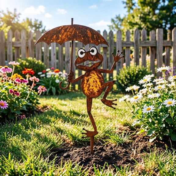 5.91in Metal Frog Yard Art with Umbrella, Rustic Iron Garden Decor Sign, Weatherproof Outdoor Ornament, Hand-Painted Cute Design for Garden Pond, Patio Lawn & Garden Lover Holiday Gift