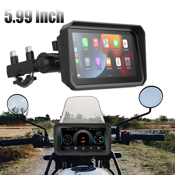 5.99 Inch Motorcycle Carplay GPS Navigation System with Carplay and Android Auto 1080P Front and Rear Dash Cam IP67 Waterproof BT WiFi