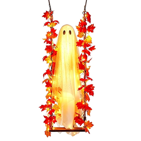 5.9FT 2026 New Halloween Decorations Outdoor Indoor-Hanging Ghost Decor with a Maple Leaf 6.6ft Swing,Ghost Light,Halloween Decor for Tree,Yard,Porch,Garden