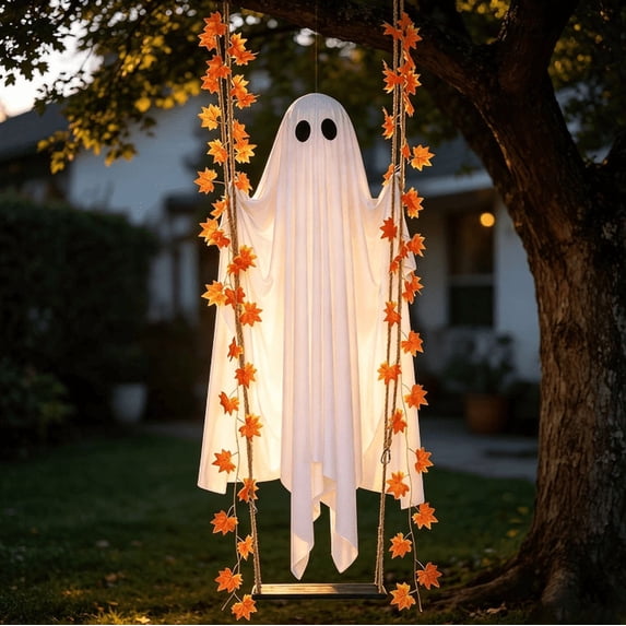 5.9FT Hanging Swinging Ghost Halloween Decor - Outdoor Halloween Decorations with Ghost on A Swing for Outside Garden Yard Porch Tree, Spooky Cute Ghosts with String Lights for Indoor Party