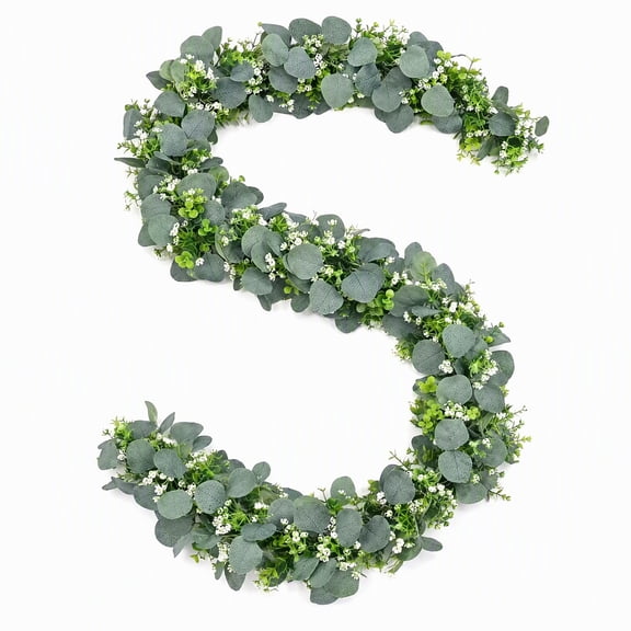 5.9FT Silver Dollar Eucalyptus Garland with Flowers, Faux Greenery Vines for Wedding Table Runner, Fireplace Mantle, Home Party Decor, 2Pcs
