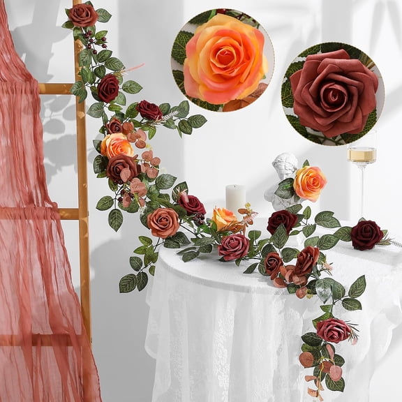 5.9FT Terracotta Artificial Flower Garland Fall Floral Garland Burnt Orange Arch Rose Vine for Wedding Ceremony Party Backdrop Decor Arch Flowers Mantel Table Centerpieces Decorations