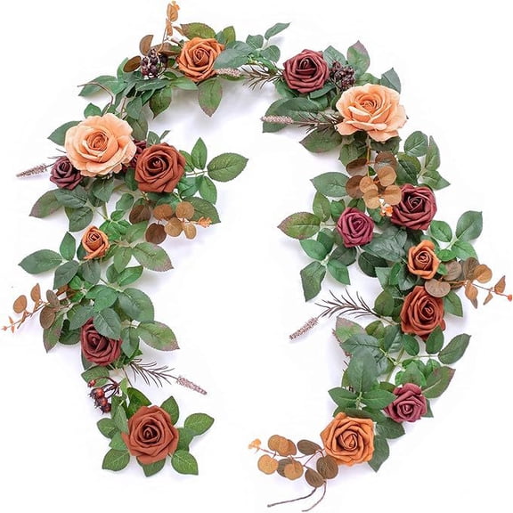 5.9FT Terracotta Artificial Flower Garland Rose Eucalyptus Leaves Fall Floral Garland Burnt Orange Arch Flowers Vine for Wedding Party Backdrop Decor Mantel Table Centerpieces Decorations