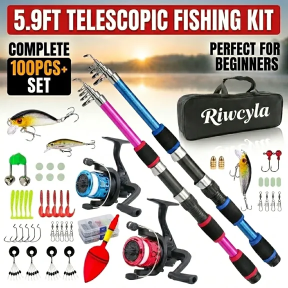 5.9FT Telescopic Fishing Rod And Reel Combination, Equipped with 2 Bait Accessory Boxes + 1 Storage Bag, Portable Mini Fishing Rod Set for Travel, Freshwater Fishing (Pink + Blue)