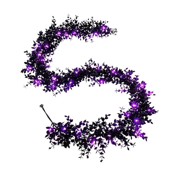 5.9Ft Pre-Lit Artificial Black Eucalyptus Garland, Halloween Gothic Ivy Vine Garlands with Purple Lights for Party Wedding Fireplace Mantel Decor