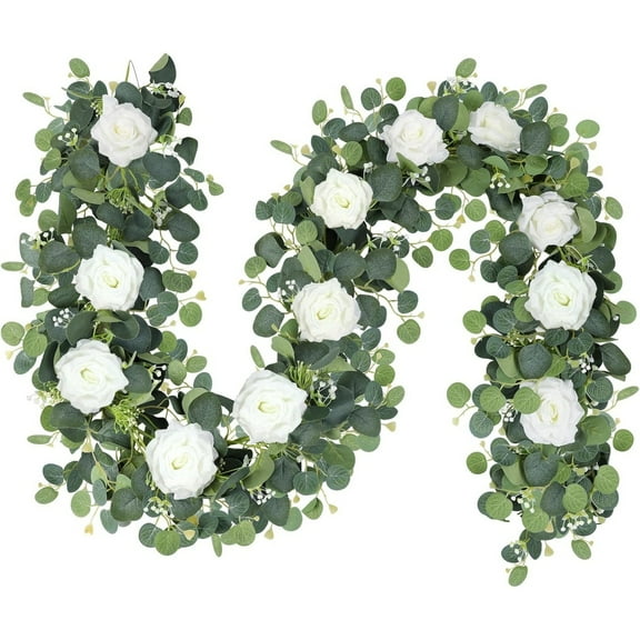 5.9Ft White Rose Artificial Garland,Reusable Floral Vines for Wedding Decor,2Pack Fake Hanging Vines Summer Garland for Party Decorations