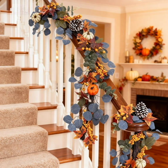 5.9ft(180cm) Thanksgiving Vine With Autumn Leaves Pumpkins & Berries - Gray-Blue Festive Decor, Ideal For Holiday Centerpiece & Fall Party