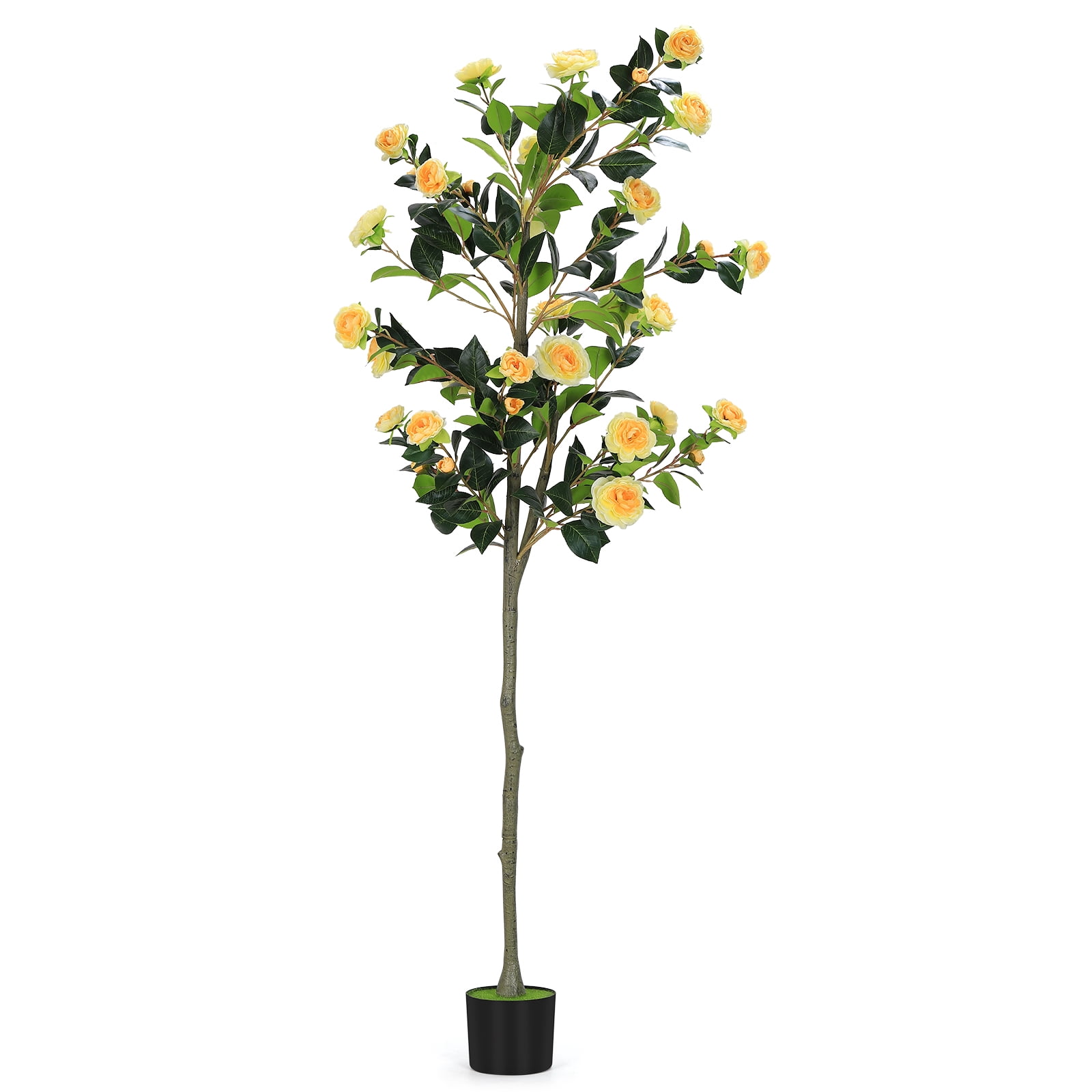 5.9ft AArtificial Orange Camellia Tree, Faux Flower Plant with Pot, Realistic Fake Tree for Home Office Decor Single- Yellow