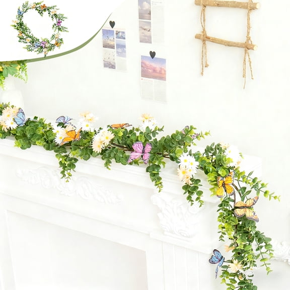 5.9ft Artificial Eucalyptus Flower Garland with 3D Butterfly Greenery Boxwood Garland Daisy Floral Vines for Spring Summer Wedding Backdrop Arch Wall Mantle Decor