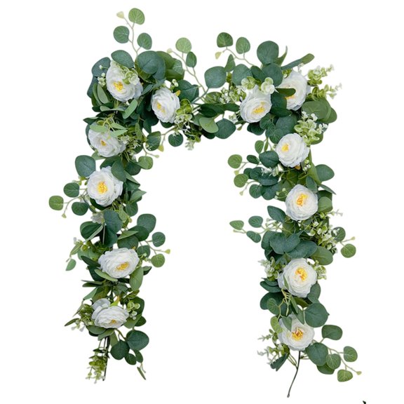 5.9ft Artificial Eucalyptus Garland with Roses  Flower Vine Greenery for Wedding Backdrop, Table Runner, Arch Decor, Eucalyptus & White Rose Centerpiece