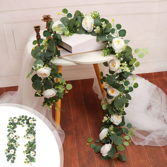 5.9ft Artificial Eucalyptus & Rose Garland, Fake Silk Floral Vine Greenery Wreath, Hanging Faux Vine for Wedding Home Party Table Runner Wall Decor, White, 71in/180cm