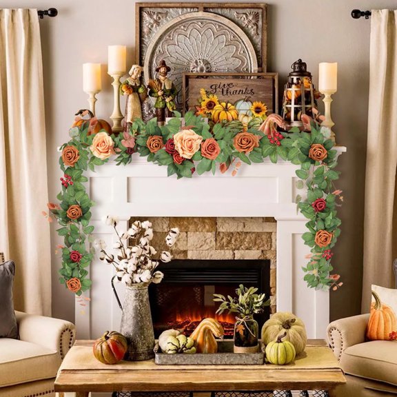 5.9ft Artificial Flower Garland Rose Eucalyptus Leaves Fall Floral Garland Burnt Orange Arch Flowers Vine for Wedding Party Backdrop Decor Mantel Table Centerpieces Decorations