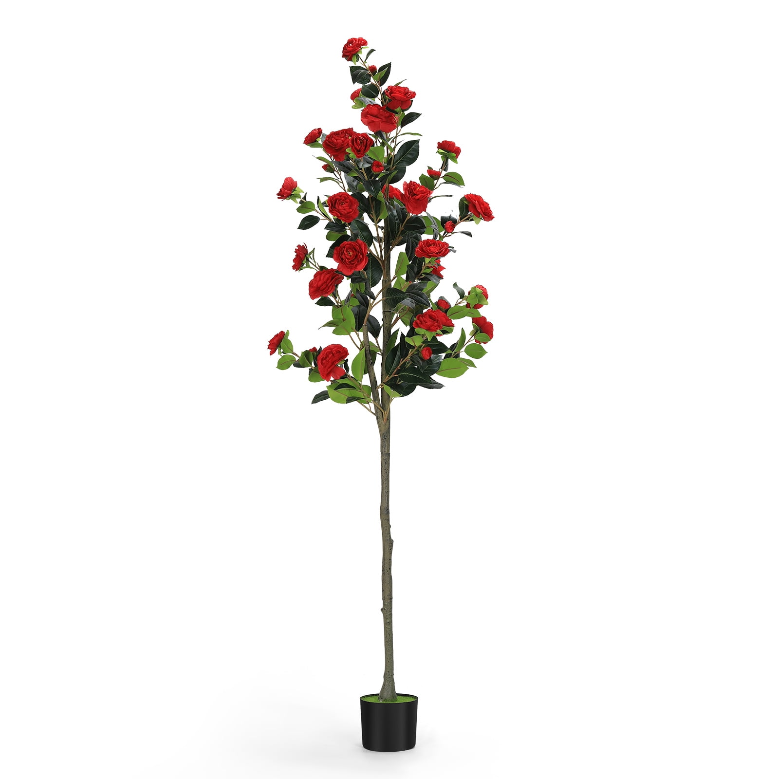 5.9ft Artificial Orange Camellia Tree, Faux Flower Plant with Pot, Realistic Fake Tree for Home Office Decor Single- Red