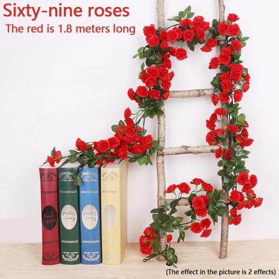 5.9ft Artificial Rose Garlands, Artificial Running Vines Flowers Fake Plants Stair, Railing, Wall Hanging Decorations for Wedding Centerpieces Outdoors, Red 1 Pack- 5.9ft, 69 Roses