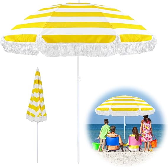 5.9ft Beach Umbrella For Travel Yellow Striped Patio Umbrella UV50+ Protection Portable Market Umbrella With Fringe Outdoor Sunshade Umbrella Waterproof Pool Umbrella With Tilt For Garden Beach