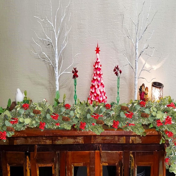 5.9ft Real Touch Mixed Eucalyptus and Cedar Prelit Christmas Garland with Red Berries Winter Greenery Garland for Christmas Holiday Seasonal Outdoor/Indoor Home Decor Mantle, 5.9FT Long