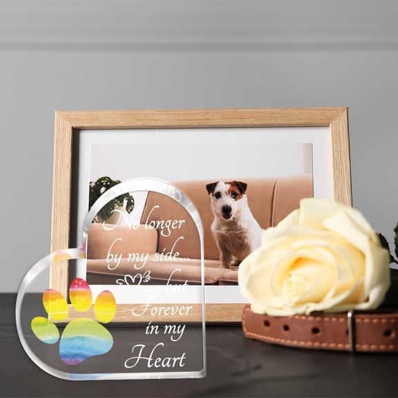 5.9in Memorial Gifts for Loss of Dog Cat Rainbow Paw Prints Acrylic Heart Plaque Pet Memorial Ornament Dog Remembrance Sympathy Gift Heart Keepsake Living Room Office Desk Decor Mixed Color