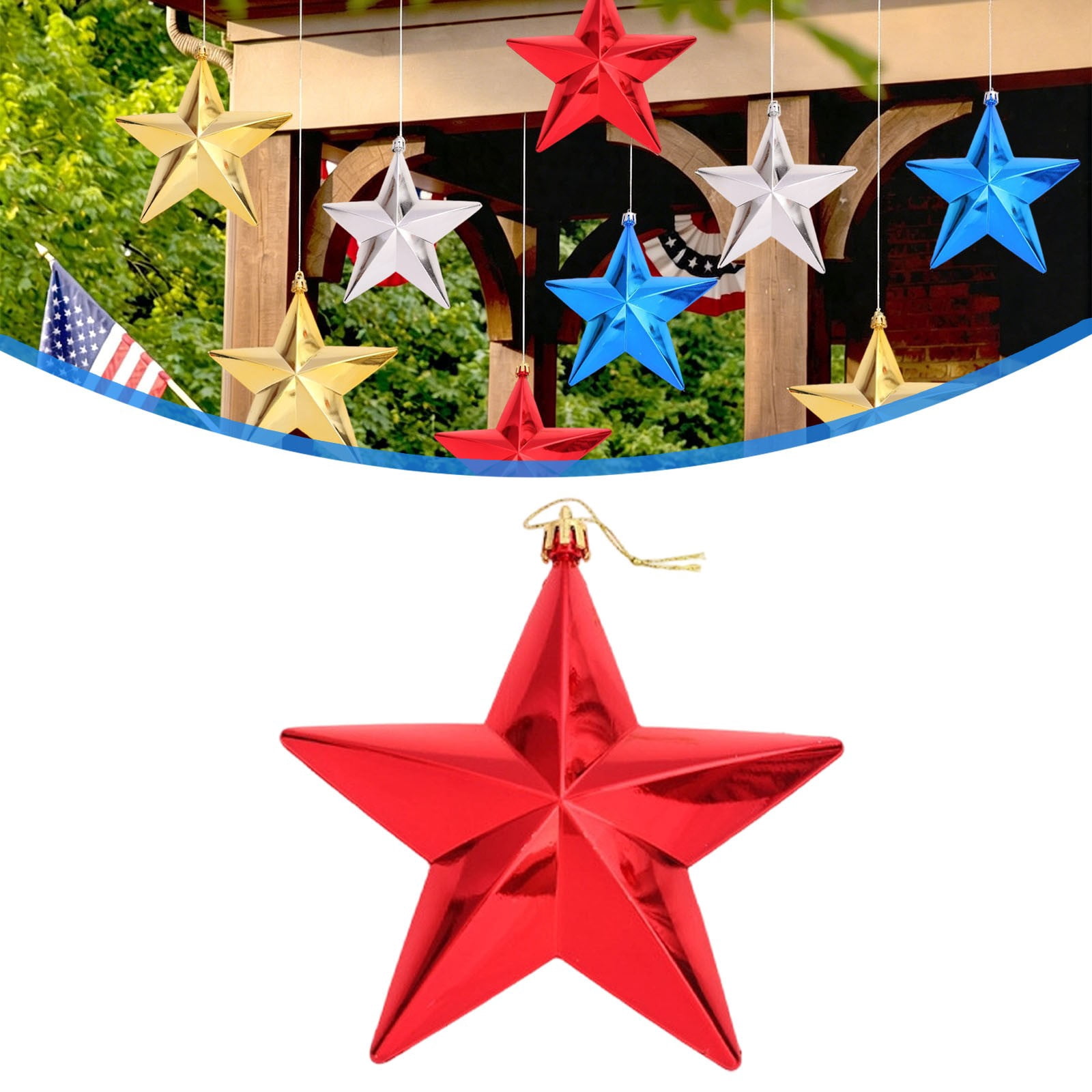 5.9in Patriotic 3D Star Ornaments – Shiny Red, Blue, Gold &amp; Silver ...
