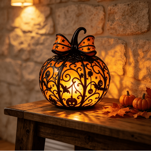5.9in Pumpkin Lamp Halloween Tiffany Table Lamp, Star Bow Detailed Pumpkin Statue Lamp, Portable USB Light As Unique Fall Home Decor Supply