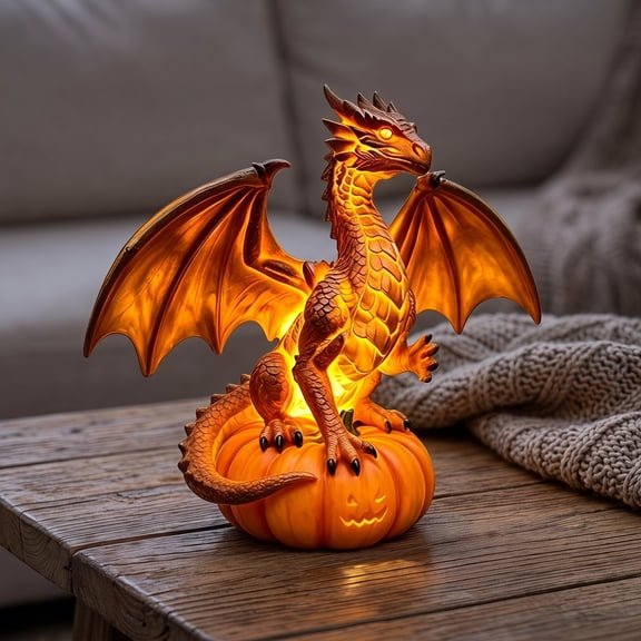 5.9in Whimsical Fall Dragon Legacy LED Light, Light Up Pumpkin Dragon Resin Statue, Illuminated Winged Dragon on Jack O Lantern, Spooky Indoor Halloween Party Decor