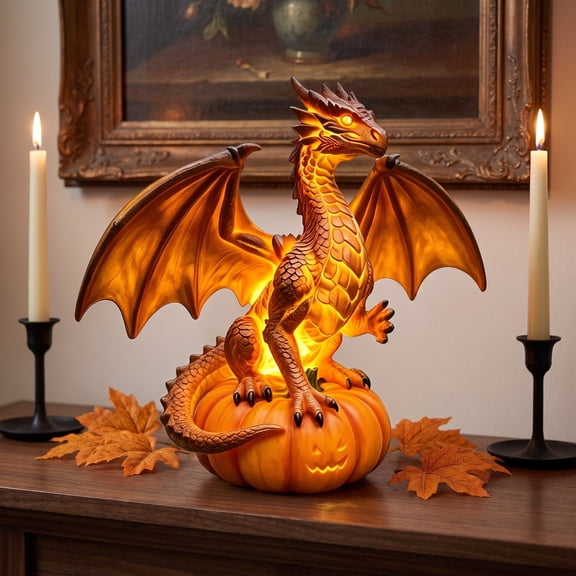 5.9in Whimsical Pumpkin Dragon LED Lamp, Dragon Legacy LED Light Illuminated Resin Statue, Halloween LED Glow Dragon on Pumpkin Figurine, Gothic Fantasy Autumn Shelf Decor