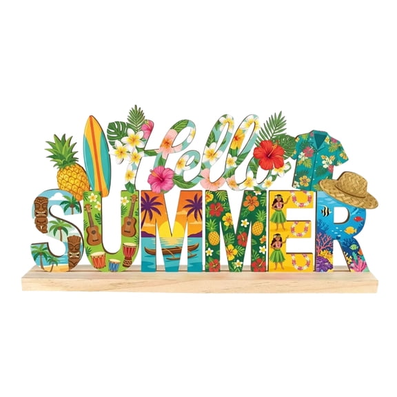 5.9x11.8 inch Summer Table Sign Hello Summer Metal Letter Decor Freestanding Tabletop Decoration with Wooden Base Cutout Word Sign for Home Tiered Tray Centerpiece Mantel Shelf Fireplace