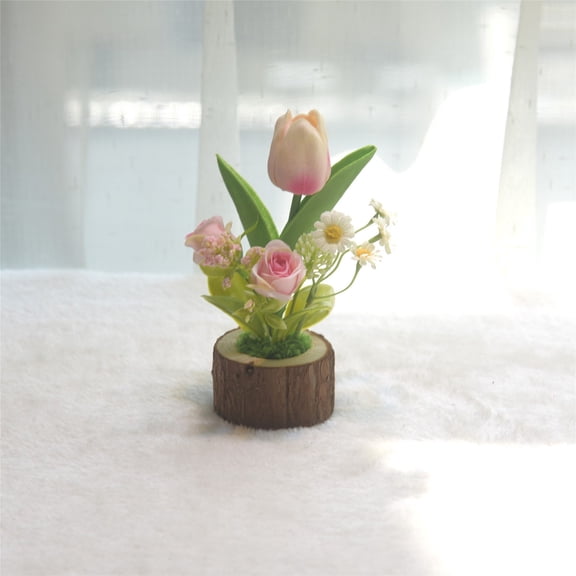 5.9x2.8x2.8 Inch Simulated Flower Potted Decoration, Artificial Tulip And Rose Bonsai In Stump Shaped Pot, Desktop Ornament For Home And Office
