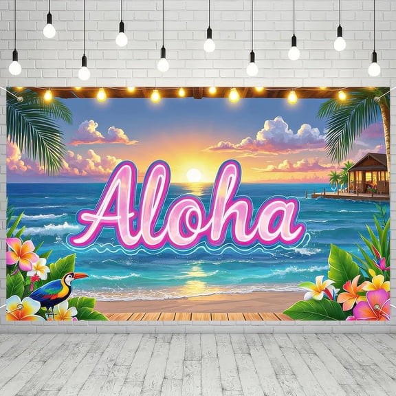 5.9x3.6FT Aloha Hawaii Summer Backdrop Seaside Scenery Luau Tropical Background Hello Summer Party Decorations Banner Supplies Photo Booth Props