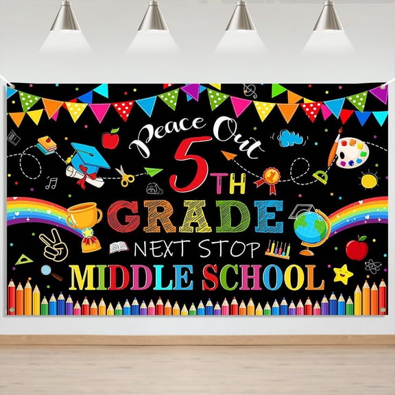 5.9x3.6FT Black 5th Grade Graduate Backdrop Next Stop Middle School Primary Graduation Background Fifth Grade Graduation Party Decorations Banner Supplies Photo Booth Props