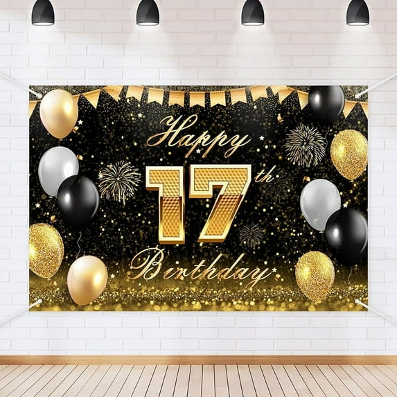 5.9x3.6FT Black Gold Happy 17th Birthday Backdrop Banner Glitter Black Gold Theme Photography Photo Prop Background Decor for Boys Girls Celebration Birthday Party Decorations Supplies