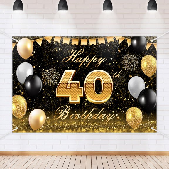5.9x3.6FT Black Gold Happy 40th Birthday Backdrop Glitter Black Gold Theme Photography Background for Men Women Boys Girls Celebration Birthday Party Decorations Banner Supplies Photo Prop