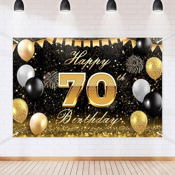 5.9x3.6FT Black Gold Happy 70th Birthday Backdrop Glitter Black Gold Theme Photography Background for Men Women Celebration Birthday Party Decorations Banner Supplies Photo Prop