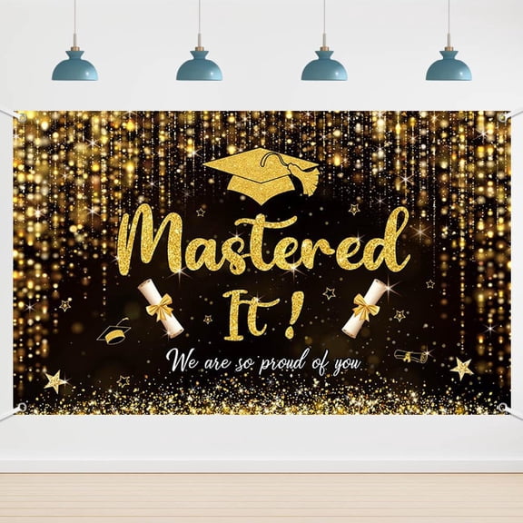 5.9x3.6FT Black and Gold Mastered It Backdrop We are So Proud of You Congrats Grad Background Master Degree Graduate Master's Graduation Party Decorations Banner Supplies Photo Booth Props