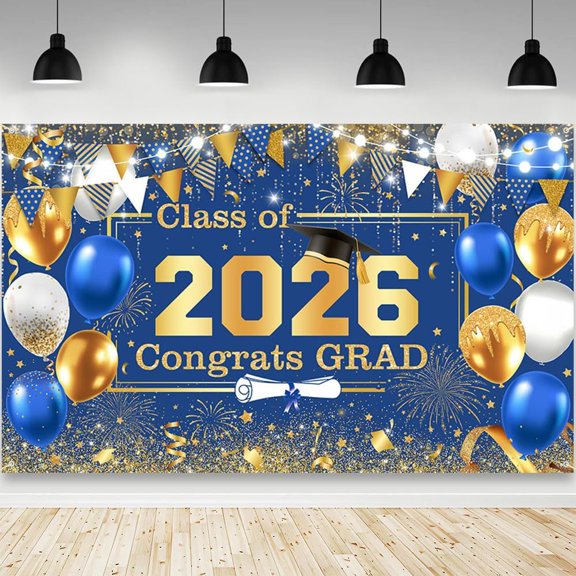 5.9x3.6FT Blue and Gold Graduation Backdrop Congratulations Graduate Background Blue Gold Class of 2026 Prom Graduation Party Decorations Banner Supplies Photo Booth Props