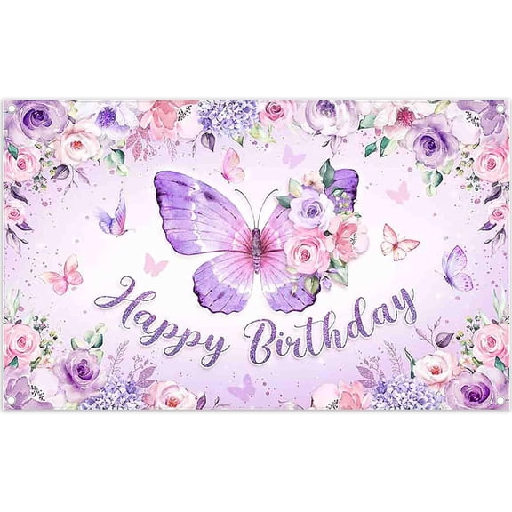 5.9x3.6FT Butterfly Birthday Backdrop Purple Pink Spring Fantasy Rose Flowers Princess Photography Background Girls Women Party Decorations Banner Supplies Photo Booth Props