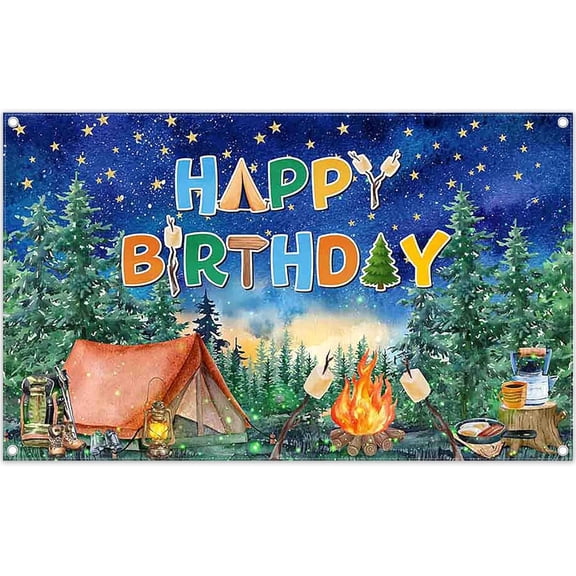 5.9x3.6FT Camping Happy Birthday Backdrop Forest Night S'Mores Campfire Tent Photography Background Adventure Party Decorstions Banner Supplies Photo Booth Props