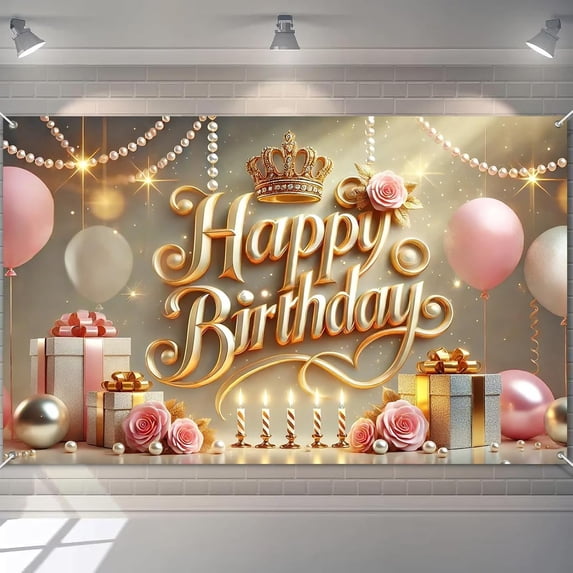 5.9x3.6FT Elegant Pink Gold Happy Birthday Backdrop Crown Rose Pearl Birthday Background for Women Girls Pink Floral Golden Leaves Princess Birthday Party Decorations Banner Photo Booth Props