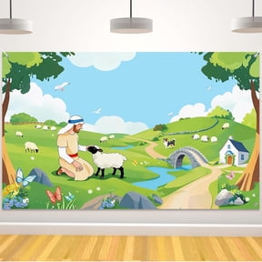 5.9x3.6FT Emerald Banner Backdrop Vacation Bible Christian Photography Backdrop Christian Theme Shepherding Photo Prop Religious Background for Summer Decor