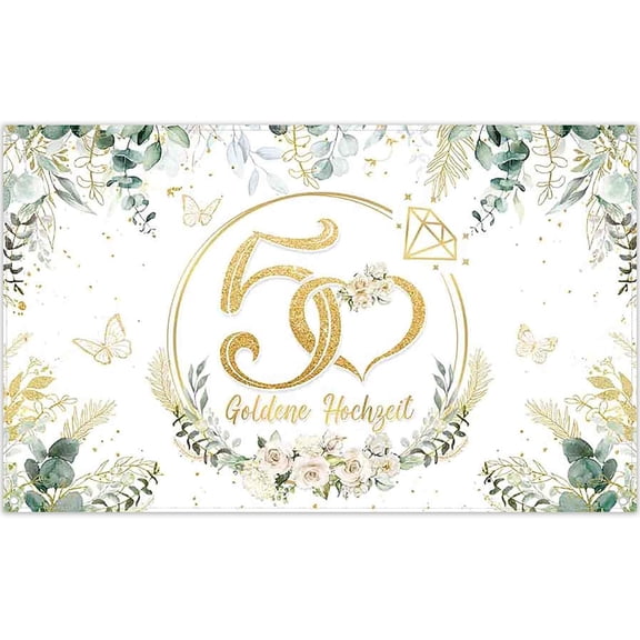 5.9x3.6FT Golden Happy 50th Birthday Backdrop Watercolor Green Leaves Flowers Photography Background Wedding Anniversary Party Decorations Banner Supplies Photo Booth Props