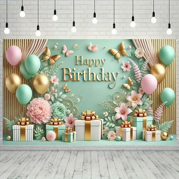 5.9x3.6FT Green Gold Happy Birthday Backdrop Floral and Butterfly Theme Photography Backdrop Men Women Birthday Party Decoration Photo Booth Props